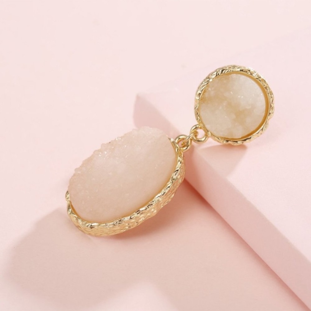 Anthropologie Gold Plated Peach Cream Long Druzy Drop Earrings - Picture 6 of 6